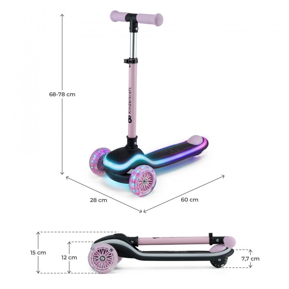 KINDERKRAFT Trotineta pentru copii Raket Pink pliabila platforma si roti LED ghidon reglabil greutate admisa 50 kg