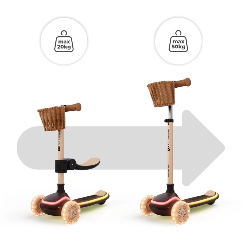 KINDERKRAFT Trotineta pentru copii Raket Up Beige pliabila reglabila cu lumini Led si scaunel