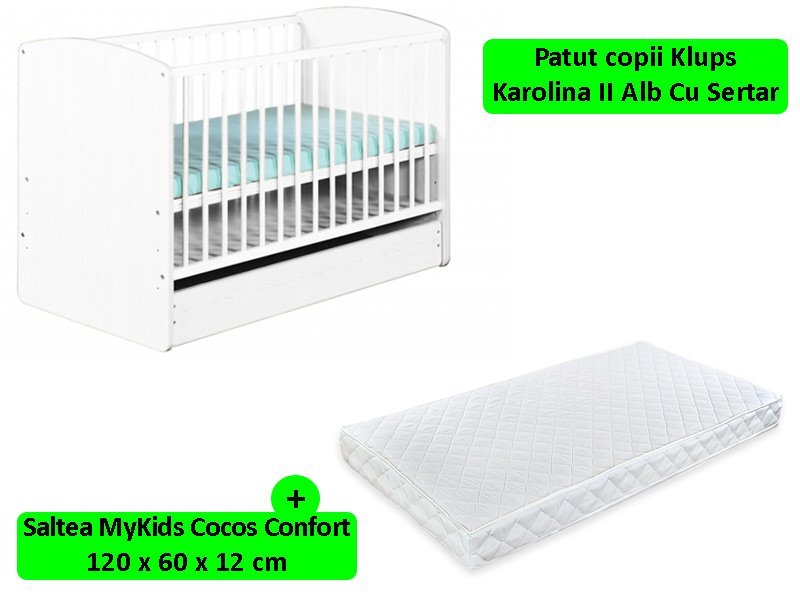 Klups Patut Cu Sertar Karolina II Alb + Saltea 12