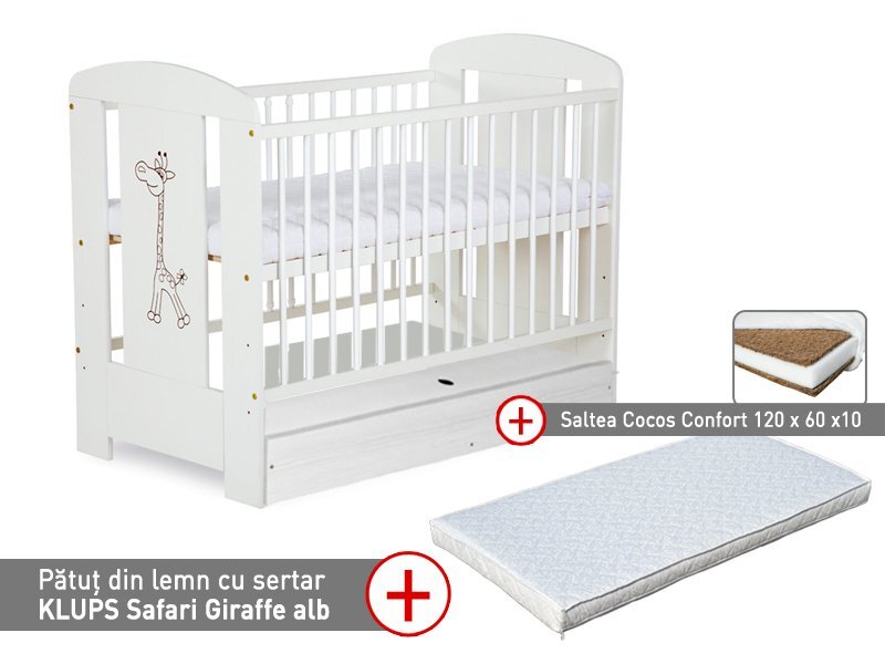 Klups Patut cu sertar Safari Giraffe Alb + Saltea 10 Confort II
