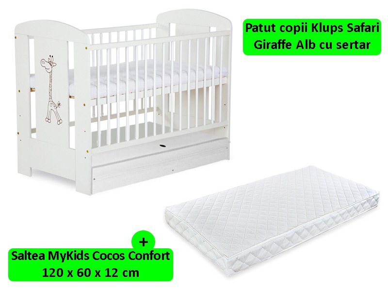 Klups Patut cu sertar Safari Giraffe alb + saltea 12