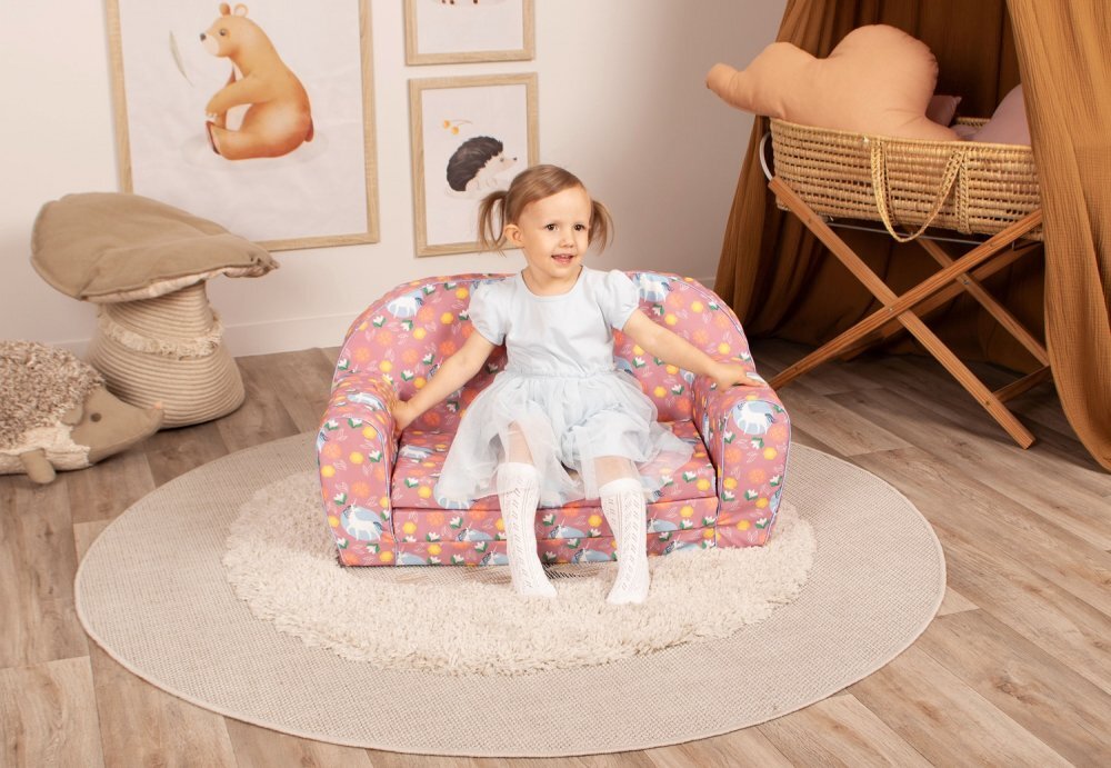 KNORR TOYS Canapea extensibila pentru copii Unicorn Roz umplutura din spuma moale husa bumbac 100 detasabila si lavabila 77 x 34 x 42 cm 9 luni+