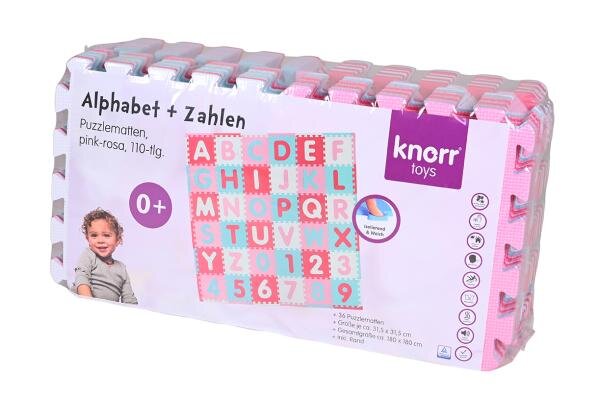 KNORR TOYS Covoras puzzle colorat Cifre si Litere Pink Rosa 110 piese 180x180 cm din spuma moale Eva izolator si antiderapant 0 luni+