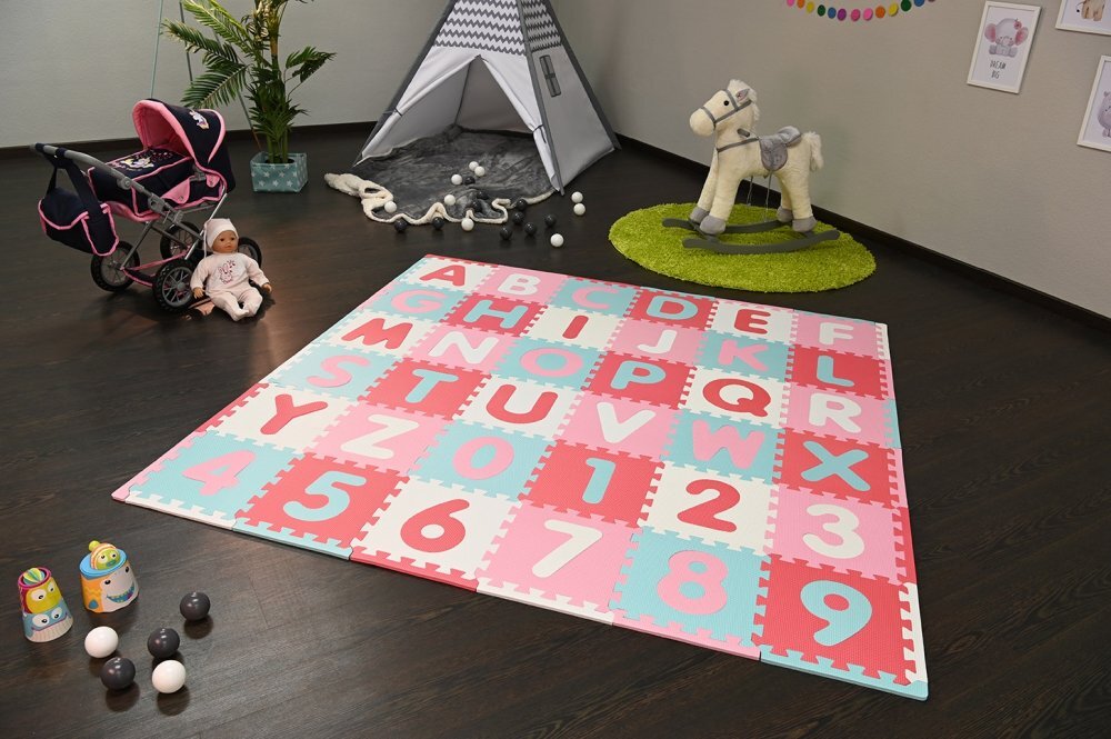 KNORR TOYS Covoras puzzle colorat Cifre si Litere Pink Rosa 110 piese 180x180 cm din spuma moale Eva izolator si antiderapant 0 luni+