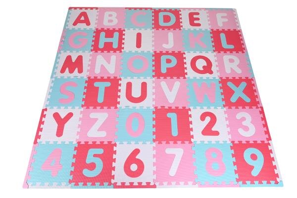 KNORR TOYS Covoras puzzle colorat Cifre si Litere Pink Rosa 110 piese 180x180 cm din spuma moale Eva izolator si antiderapant 0 luni+