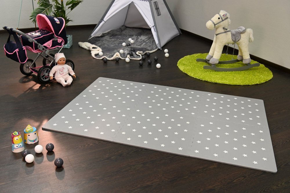 KNORR TOYS Covoras puzzle Stelute Gri 178x120 cm din spuma moale Eva cu 18 piese de margine suplimentare izolator si antiderapant 0 luni+