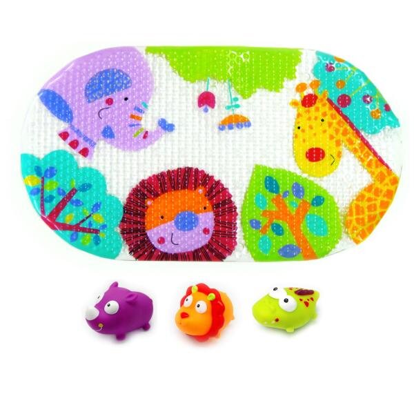 KNORR TOYS Set de baie 4 piese include covoras de baie din PVC 69x39 cm si 3 jucarii animalele junglei 6 luni+