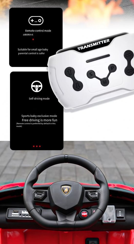 Lamborghini Masinuta electrica pentru copii Aventador cu licenta telecomanda parinti 2.4G motoare 2 x 38w acumulator 12V4Ah muzicaafisaj cu indicator nivel baterie volum reglabilusbmp3povesti in limba engleza eleron
