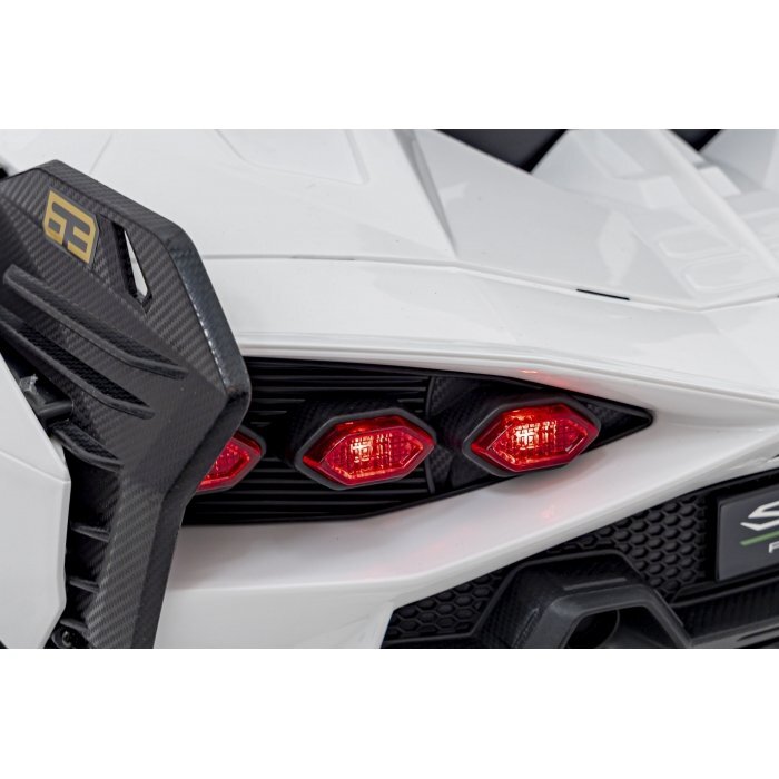 Lamborghini Masinuta electrica pentru copii Sian alb 106W cu telecomanda sunete suspensii panou audio scaun piele si roti din spuma Eva