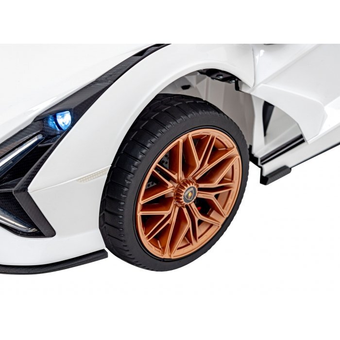 Lamborghini Masinuta electrica pentru copii Sian alb 106W cu telecomanda sunete suspensii panou audio scaun piele si roti din spuma Eva