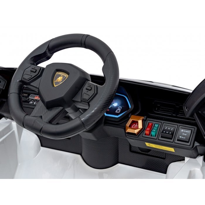 Lamborghini Masinuta electrica pentru copii Sian alb 106W cu telecomanda sunete suspensii panou audio scaun piele si roti din spuma Eva