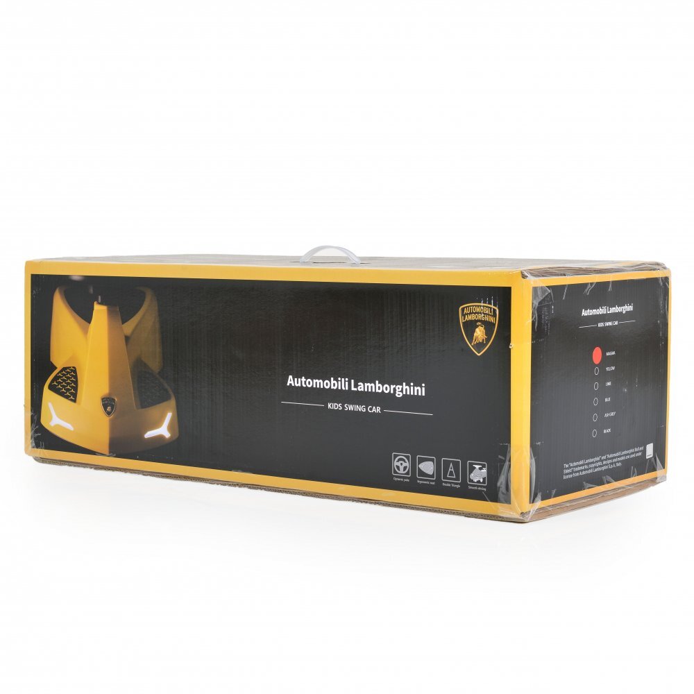 Lamborghini PlasmaCar fara pedale Yellow cu muzica si roti luminoase potrivita copiilor de la 3 ani greutate maxima suportata 110kg spatiu de depozitare sub scaun