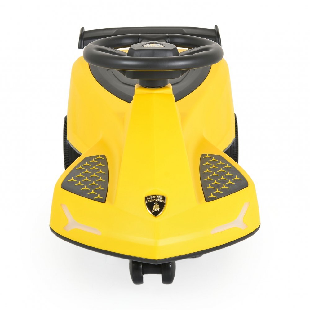 Lamborghini PlasmaCar fara pedale Yellow cu muzica si roti luminoase potrivita copiilor de la 3 ani greutate maxima suportata 110kg spatiu de depozitare sub scaun