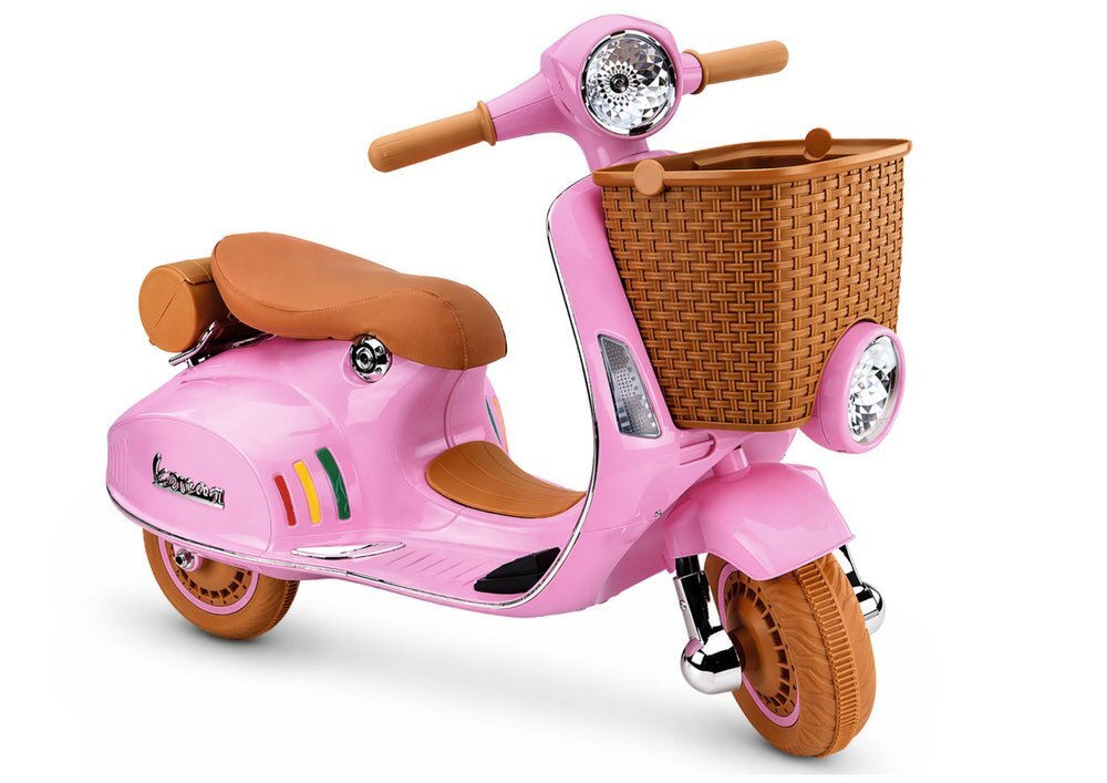 LeanToys Scooter electric pentru copii Vespa XW-03 Pink design Retro autentic si elegant scaun piele motor 2 x 35W acumulator 12V 4.5Ah faruri LED panou audio integrat cu USB MP3 83 x 40 x 62 cm