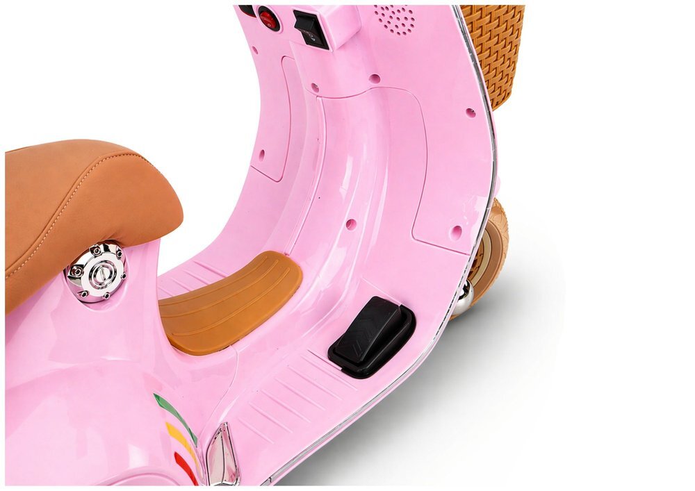 LeanToys Scooter electric pentru copii Vespa XW-03 Pink design Retro autentic si elegant scaun piele motor 2 x 35W acumulator 12V 4.5Ah faruri LED panou audio integrat cu USB MP3 83 x 40 x 62 cm