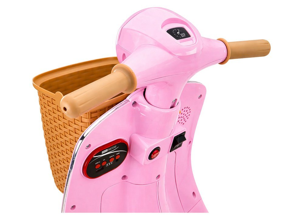 LeanToys Scooter electric pentru copii Vespa XW-03 Pink design Retro autentic si elegant scaun piele motor 2 x 35W acumulator 12V 4.5Ah faruri LED panou audio integrat cu USB MP3 83 x 40 x 62 cm