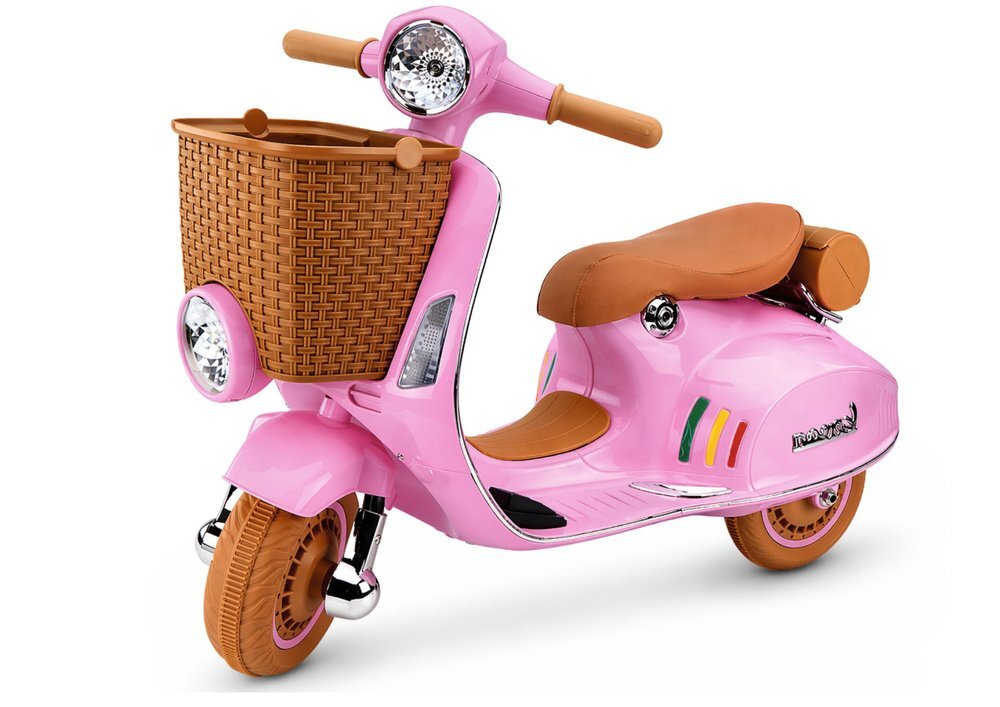 LeanToys Scooter electric pentru copii Vespa XW-03 Pink design Retro autentic si elegant scaun piele motor 2 x 35W acumulator 12V 4.5Ah faruri LED panou audio integrat cu USB MP3 83 x 40 x 62 cm