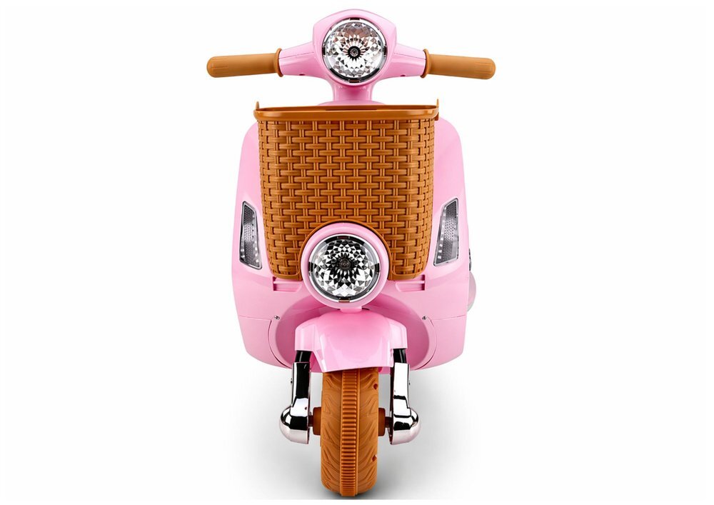 LeanToys Scooter electric pentru copii Vespa XW-03 Pink design Retro autentic si elegant scaun piele motor 2 x 35W acumulator 12V 4.5Ah faruri LED panou audio integrat cu USB MP3 83 x 40 x 62 cm