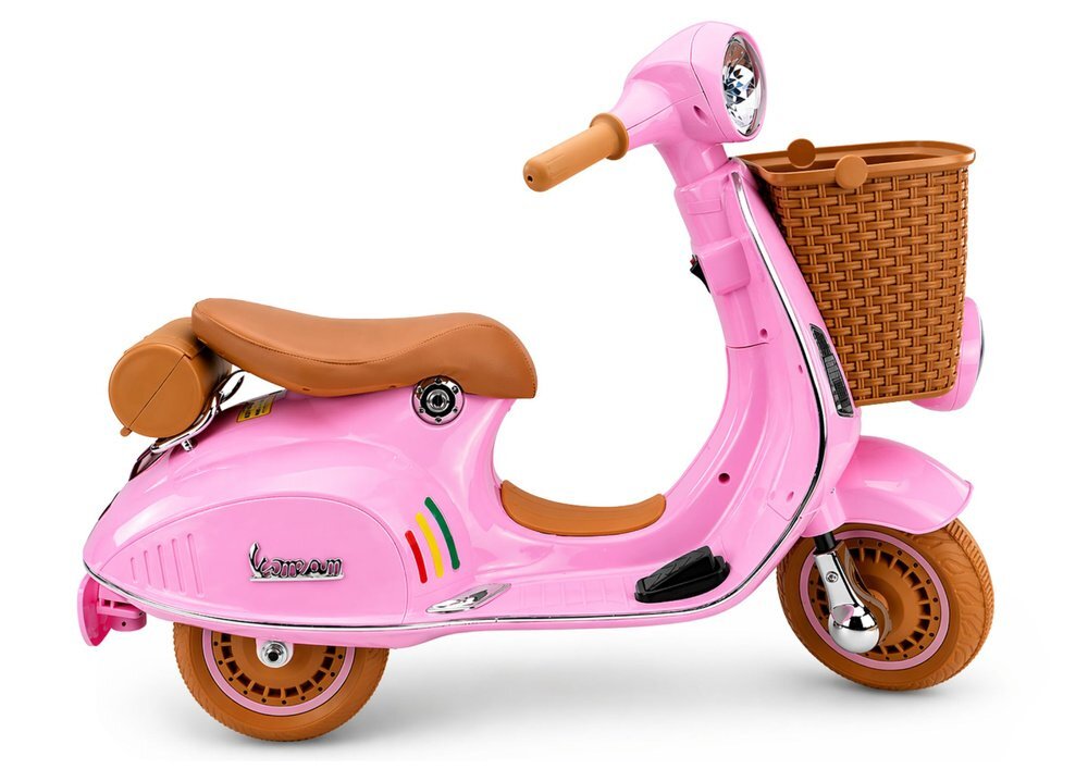 LeanToys Scooter electric pentru copii Vespa XW-03 Pink design Retro autentic si elegant scaun piele motor 2 x 35W acumulator 12V 4.5Ah faruri LED panou audio integrat cu USB MP3 83 x 40 x 62 cm
