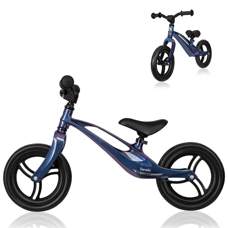 Lionelo Bicicleta copii fara pedale Bart 12 inch Blue Violet roti din spuma EVA de la 2 ani pana la 30 kg scaun reglabil de la 35-43 cm ghidon ajustabil suport pentru picioare in relief maner de transport
