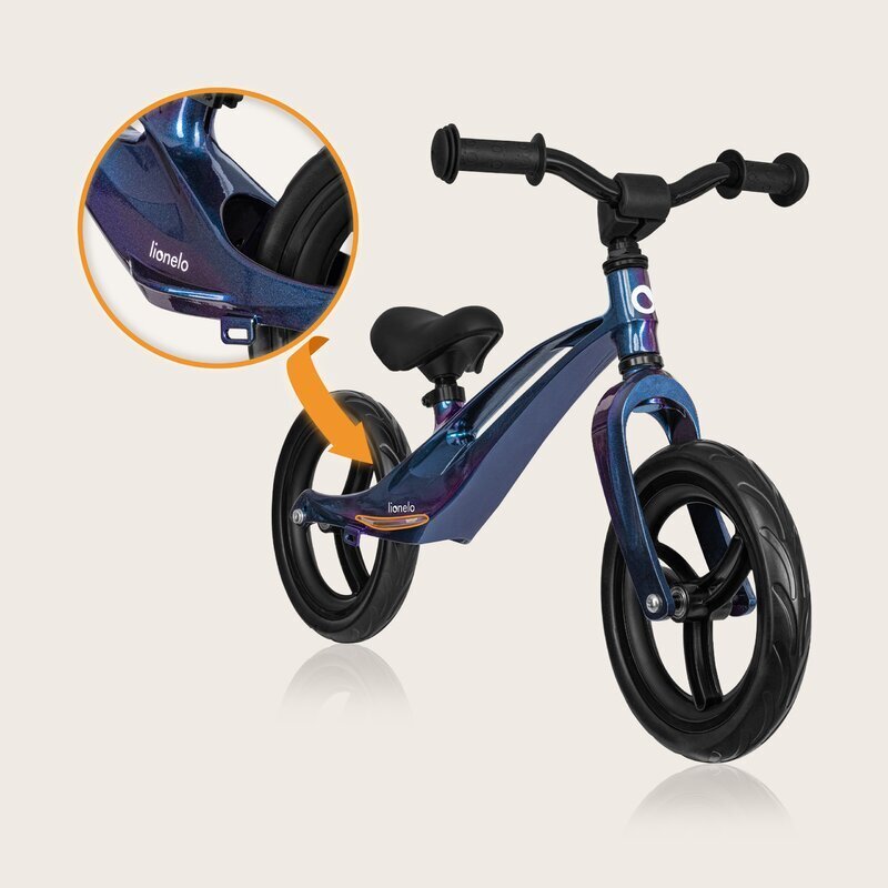 Lionelo Bicicleta copii fara pedale Bart 12 inch Blue Violet roti din spuma EVA de la 2 ani pana la 30 kg scaun reglabil de la 35-43 cm ghidon ajustabil suport pentru picioare in relief maner de transport