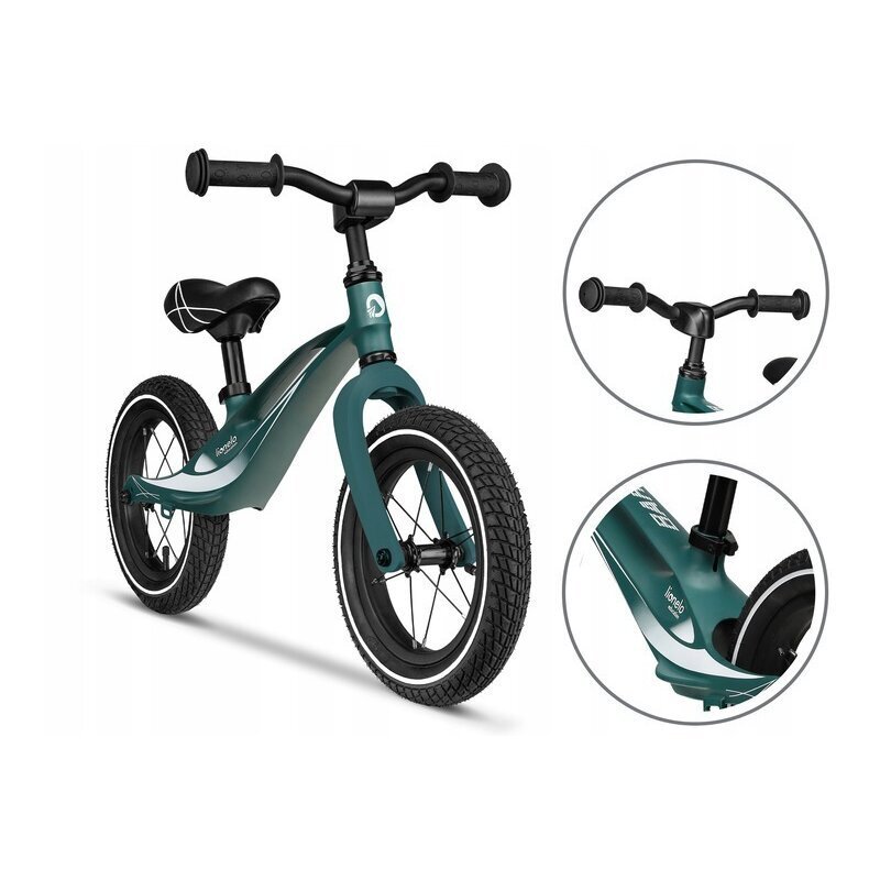 Lionelo Bicicleta copii fara pedale Bart Air green forest 12 inch cu roti gonflabile constructie din magneziu greutate foarte mica scaun si ghidon reglabile pe inaltime greutate maxima suportata 30 kg