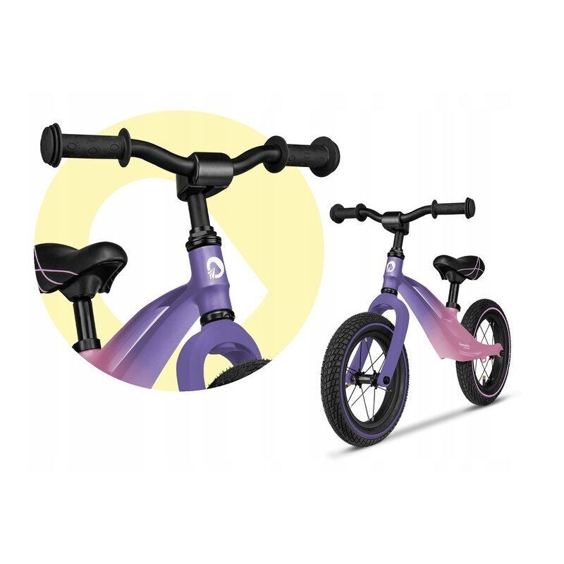 Lionelo Bicicleta copii fara pedale Bart Air Pink Violet 12 inch cu roti gonflabile constructie din magneziu greutate foarte mica scaun si ghidon reglabile pe inaltime greutate maxima suportata 30 kg