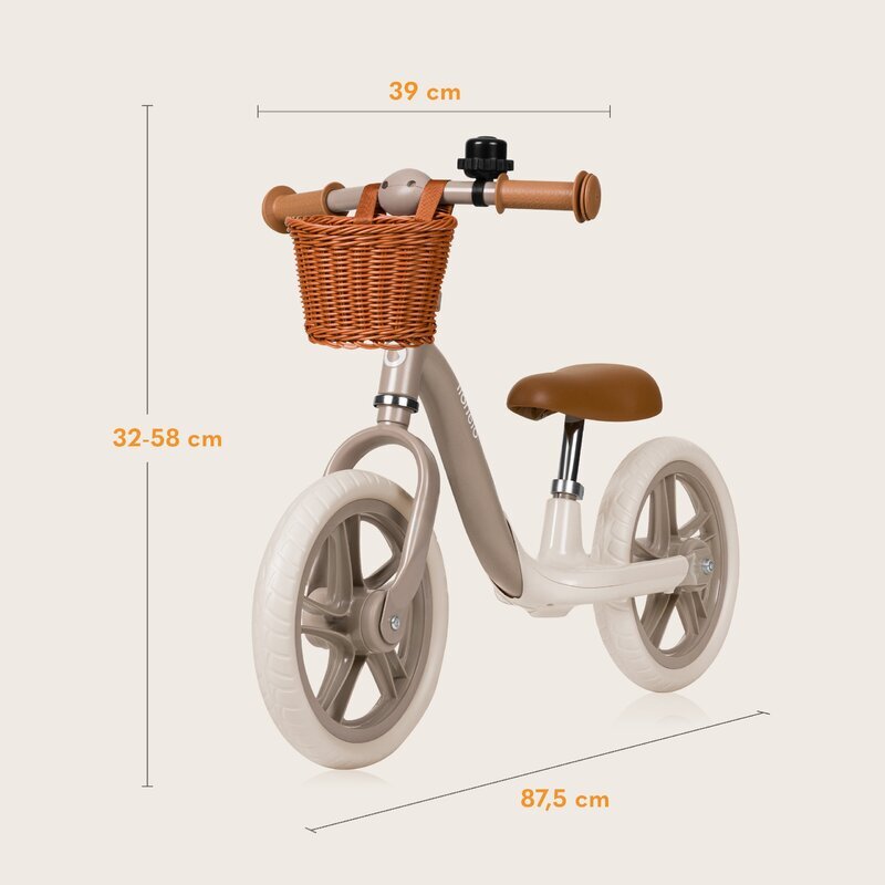 Lionelo Bicicleta fara pedale Alex Plus Usoara Cu ghidon si sa reglabile Include cos depozitare si sonerie Din otel Cu roti din spuma EVA 12 inch Beige Sand