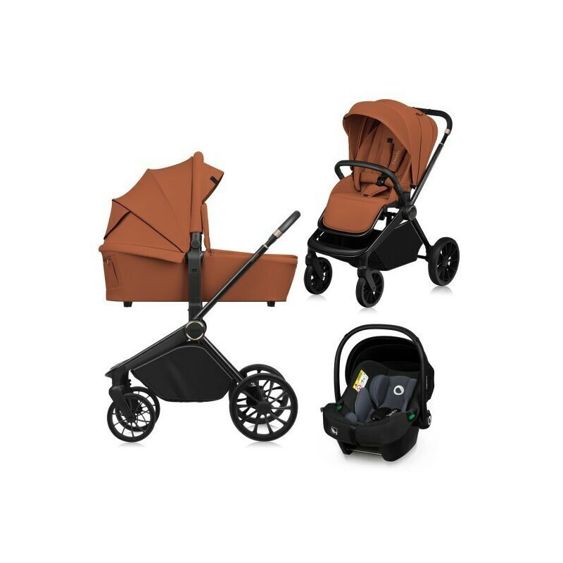 Lionelo Carucior 3 in 1 Mika Plus cadru din aluminiu landou intarit si salteluta moale scoica auto testata ADAC reversibil sistem de ventilatie 3D accesorii pana la 22 kg EN1888-1 EN1888-2 EN1466 ECE R129 Maro