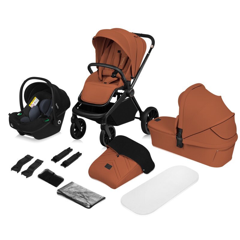 Lionelo Carucior 3 in 1 Mika Plus cadru din aluminiu landou intarit si salteluta moale scoica auto testata ADAC reversibil sistem de ventilatie 3D accesorii pana la 22 kg EN1888-1 EN1888-2 EN1466 ECE R129 Maro