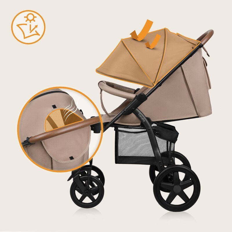 Lionelo Carucior pentru copii Annet Plus Bej cu accesorii si capotina XXL reglabila 0-22 kg conform cu standardele europene de securitate
