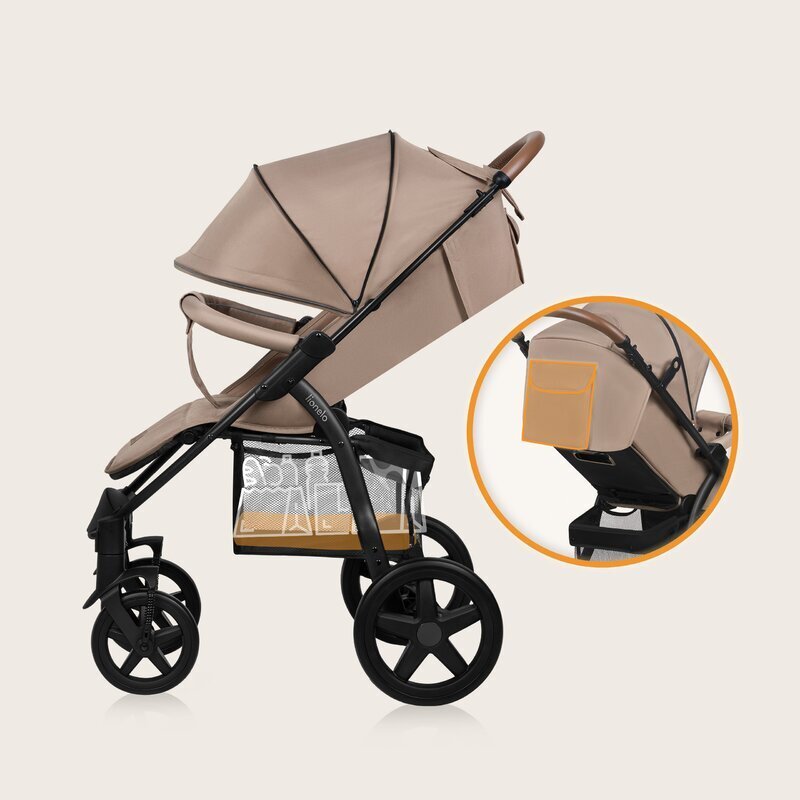 Lionelo Carucior pentru copii Annet Plus Bej cu accesorii si capotina XXL reglabila 0-22 kg conform cu standardele europene de securitate