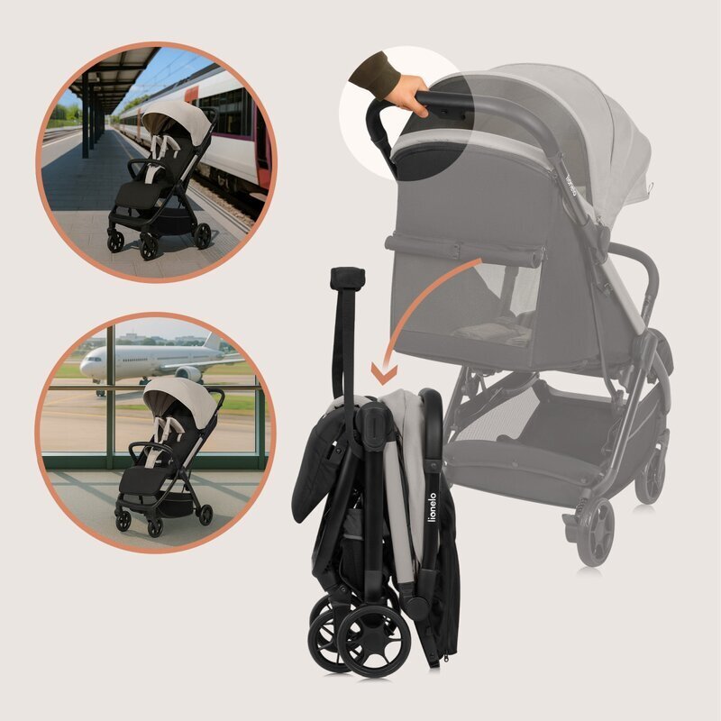Lionelo Carucior sport Julie Air Bej greutate redusa 7.5 kg sustine 22 kg 6 luni+ capotina impermeabila protectie SPF 50+ include suport sticla pliere compacta conform cu EN1888-1 si EN1888-2