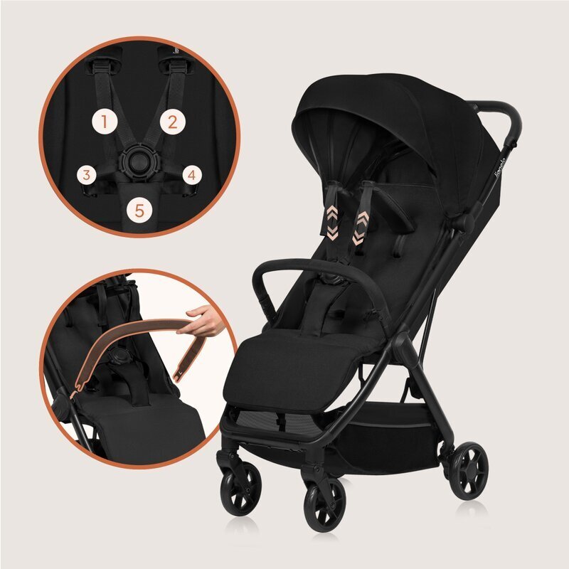 Lionelo Carucior sport Julie Air Negru Onyx greutate redusa 7.5 kg sustine 22 kg 6 luni+ capotina impermeabila protectie SPF 50+ include suport sticla pliere compacta conform cu EN1888-1 si EN1888-2