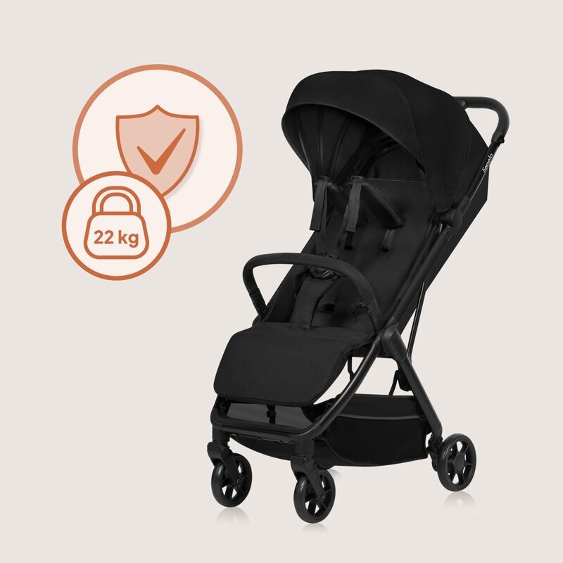 Lionelo Carucior sport Julie Air Negru Onyx greutate redusa 7.5 kg sustine 22 kg 6 luni+ capotina impermeabila protectie SPF 50+ include suport sticla pliere compacta conform cu EN1888-1 si EN1888-2