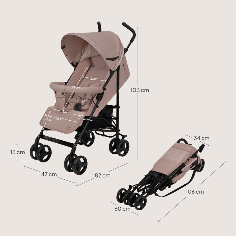 Lionelo Carucior sport pentru copii Elia Bej Taupe cu plasa de tantari suport de picioare reglabil spatar ajustabil in 4 pozitii capotina XXL pliere tip umbrela capacitate 15 kg 6 luni+