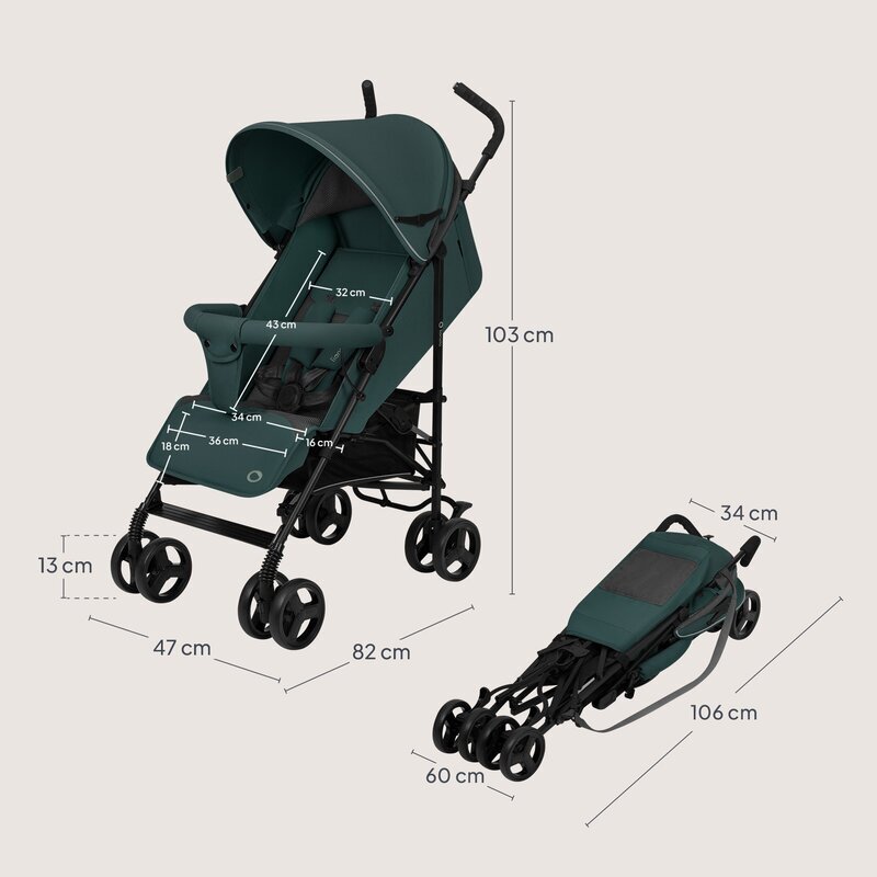 Lionelo Carucior sport pentru copii Elia Verde Grafit cu plasa de tantari suport de picioare reglabil spatar ajustabil in 4 pozitii capotina XXL pliere tip umbrela capacitate 15 kg 6 luni+