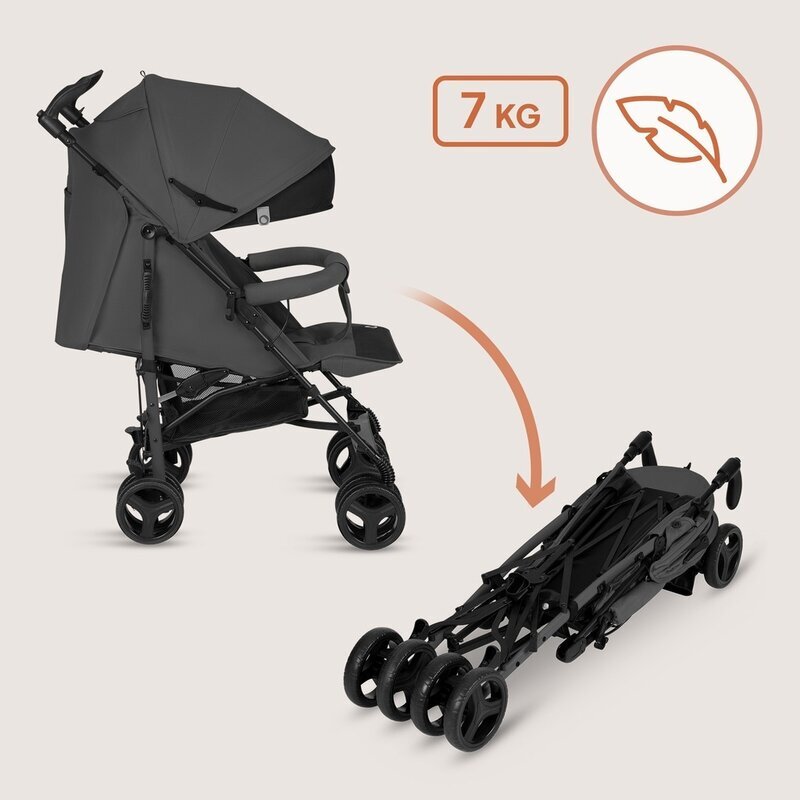 Lionelo Carucior sport pentru copii Irma Gri Inchis compact spatar ajustabil in 4 pozitii suport picioare reglabil manere rotative pliere tip umbrela 6-36 luni pana la 15 kg
