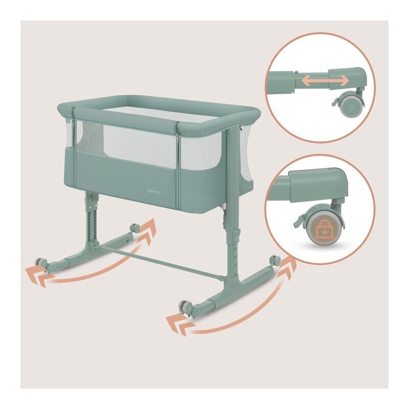 Lionelo Patut co-sleeper 3 in 1 Aurora Verde cu leganare si setare unghiulara saltea geanta transport reglabil in 5 pozitii pe inaltime greutate suportata 9 kg 85x60x66 cm