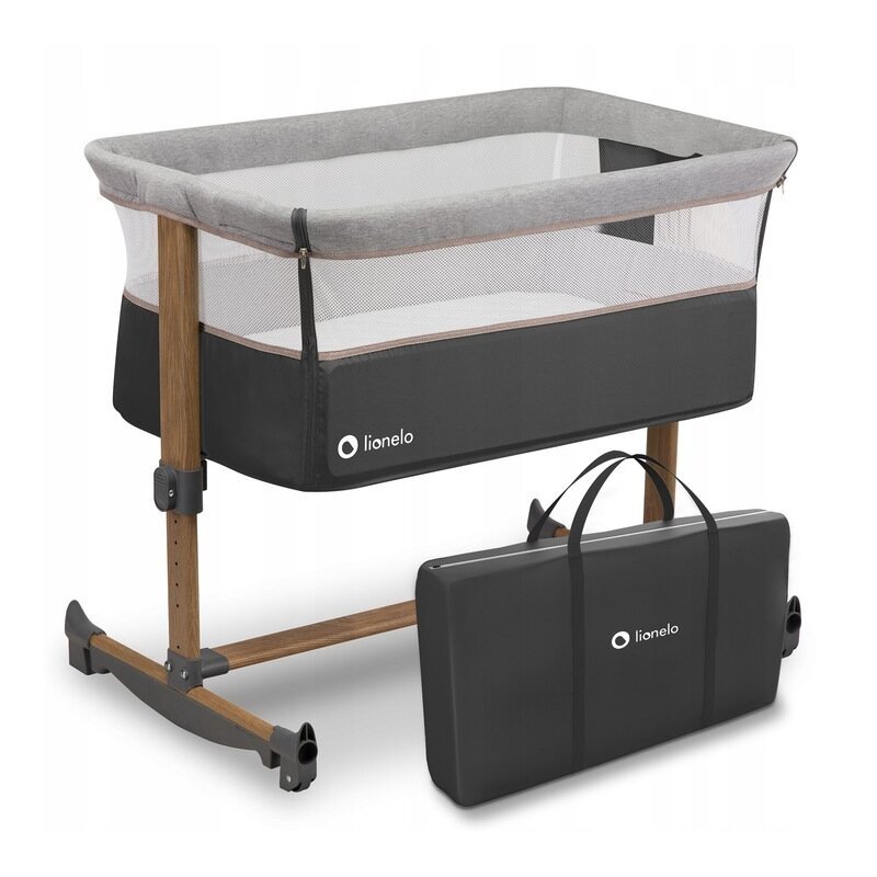 Lionelo Patut co-sleeper Leonie Grey Sand cu sistem de leganare setare unghiulara reglabil pe inaltime conform cu standardele europeane de securitate EN1130 si EN16890