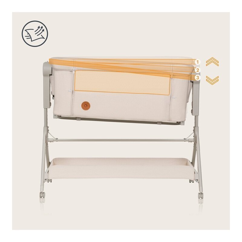 Lionelo Patut co-sleeper Leonie Plus Bej pliabil cu sistem de leganare setare unghiulara reglabil in 6 pozitii pe inaltime conform cu standardele europeane de securitate EN1130 si EN16890