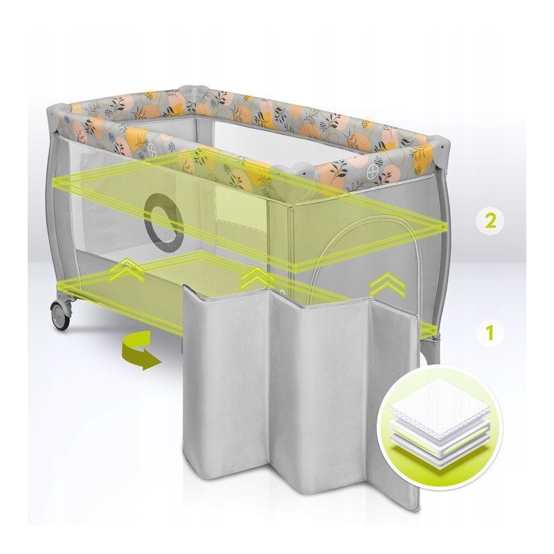 Lionelo Patut pentru copii Stefi Plus RozGalben Pliabil Cu doua nivele Intrare laterala cu fermoar 2 roti 120 x 60 cm Conform cu standardul european de securitate EN 716