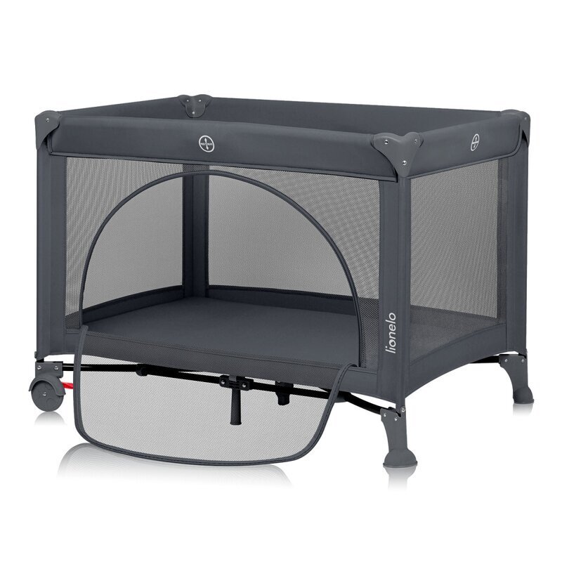 Lionelo Patut pliabil Laura 102 x 74 cm Cu doua nivele Functie de tarc Cu roti Include salteluta si geanta de transport Pereti din plasa Deschidere laterala Pana la 15 kg 0 luni + Gri