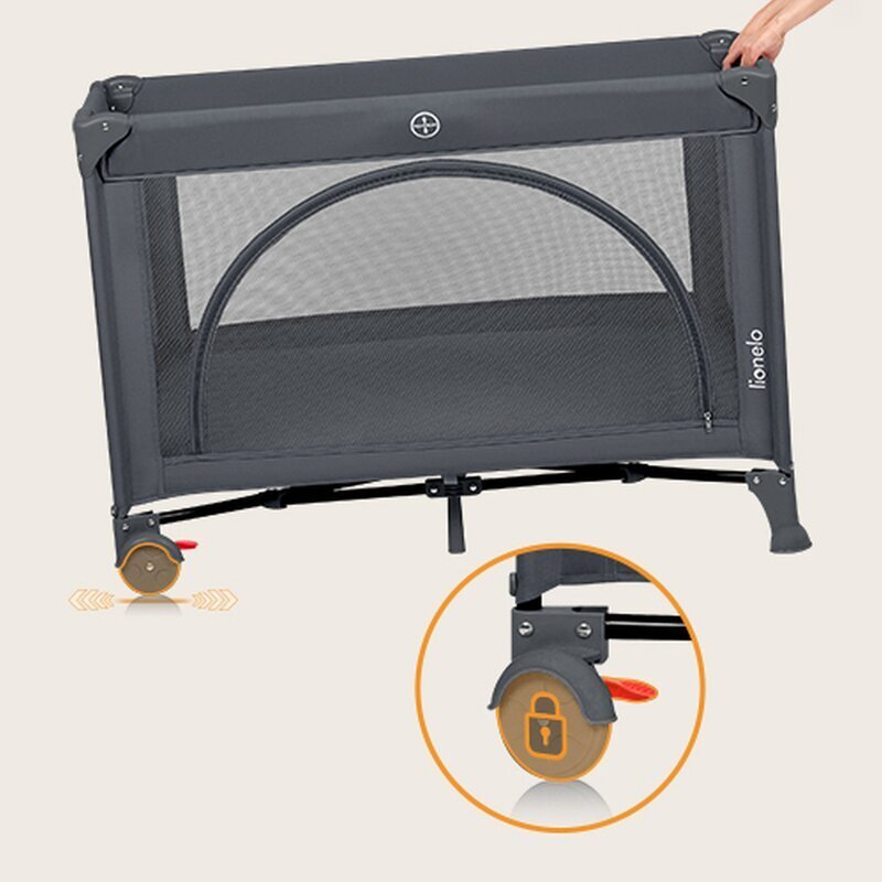 Lionelo Patut pliabil Laura 102 x 74 cm Cu doua nivele Functie de tarc Cu roti Include salteluta si geanta de transport Pereti din plasa Deschidere laterala Pana la 15 kg 0 luni + Gri