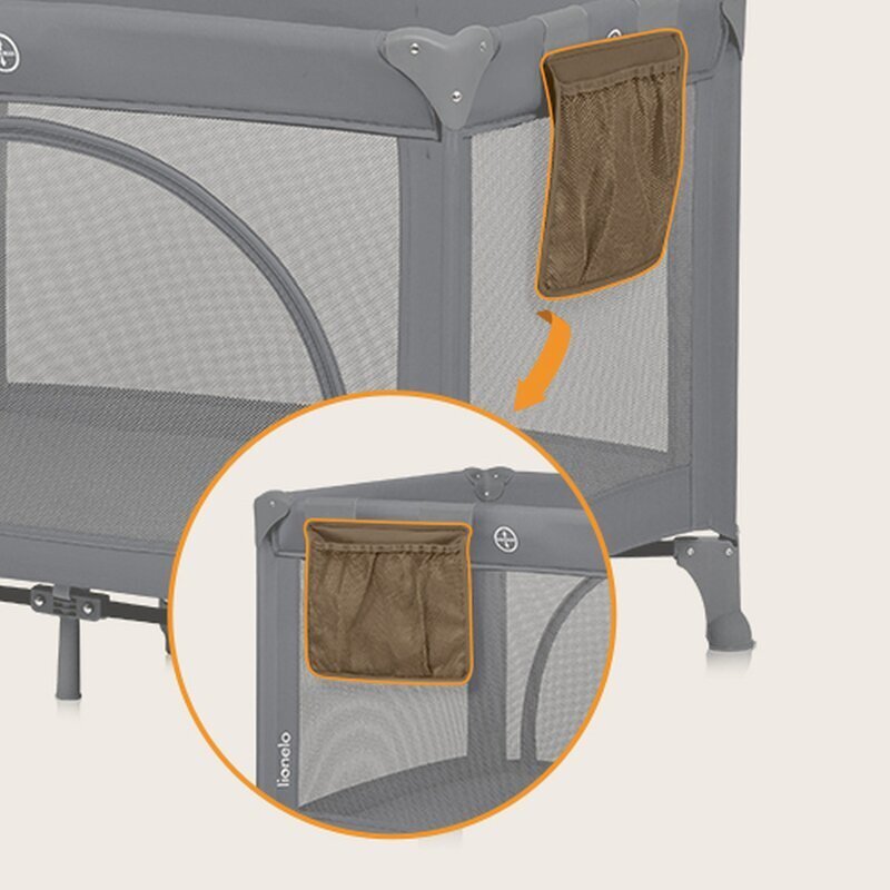 Lionelo Patut pliabil Laura 102 x 74 cm Cu doua nivele Functie de tarc Cu roti Include salteluta si geanta de transport Pereti din plasa Deschidere laterala Pana la 15 kg 0 luni + Gri