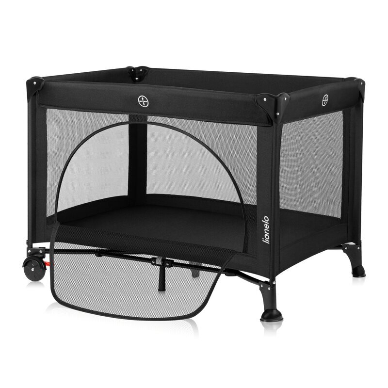 Lionelo Patut pliabil Laura 102 x 74 cm Cu doua nivele Functie de tarc Cu roti Include salteluta si geanta de transport Pereti din plasa Deschidere laterala Pana la 15 kg 0 luni + Negru
