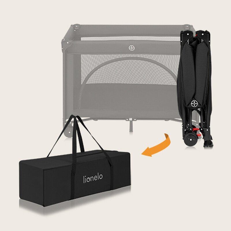 Lionelo Patut pliabil Laura 102 x 74 cm Cu doua nivele Functie de tarc Cu roti Include salteluta si geanta de transport Pereti din plasa Deschidere laterala Pana la 15 kg 0 luni + Negru