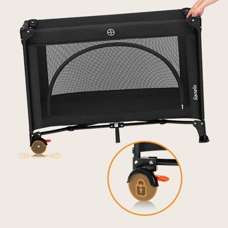 Lionelo Patut pliabil Laura 102 x 74 cm Cu doua nivele Functie de tarc Cu roti Include salteluta si geanta de transport Pereti din plasa Deschidere laterala Pana la 15 kg 0 luni + Negru