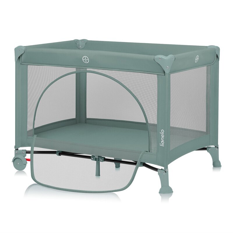 Lionelo Patut pliabil Laura 102 x 74 cm Cu doua nivele Functie de tarc Cu roti Include salteluta si geanta de transport Pereti din plasa Deschidere laterala Pana la 15 kg 0 luni + Verde
