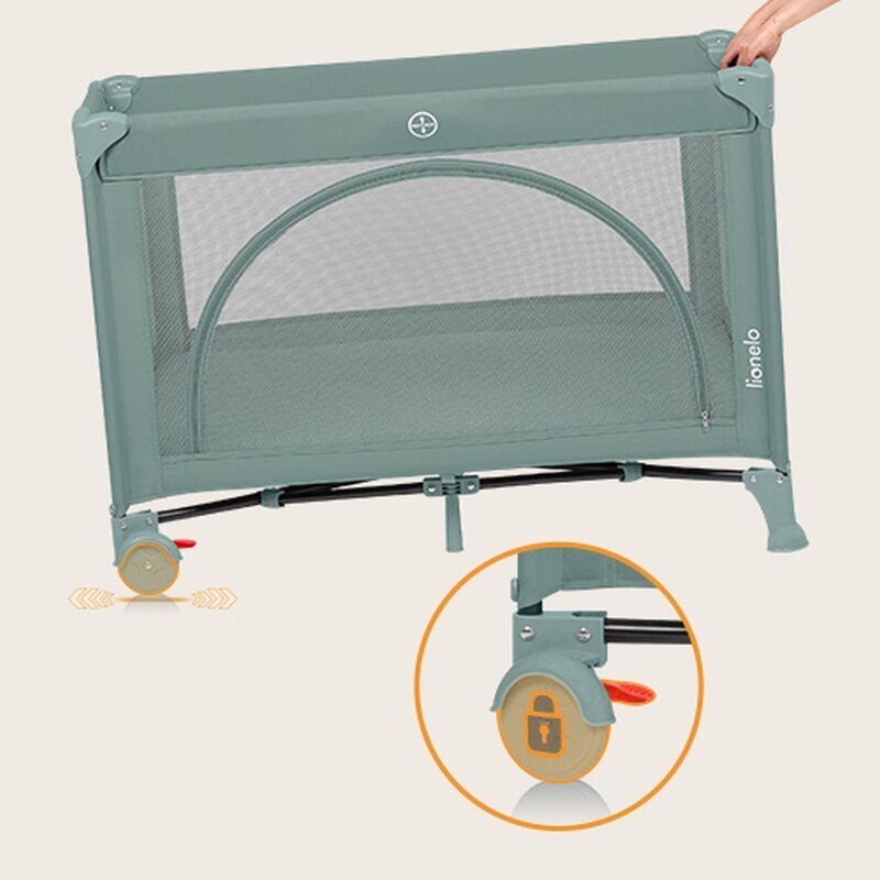 Lionelo Patut pliabil Laura 102 x 74 cm Cu doua nivele Functie de tarc Cu roti Include salteluta si geanta de transport Pereti din plasa Deschidere laterala Pana la 15 kg 0 luni + Verde